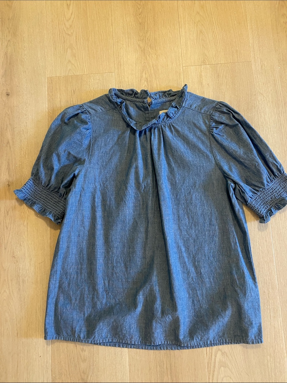 J. Crew Denim-Style Puff Sleeve Ruffle Neck Blouse